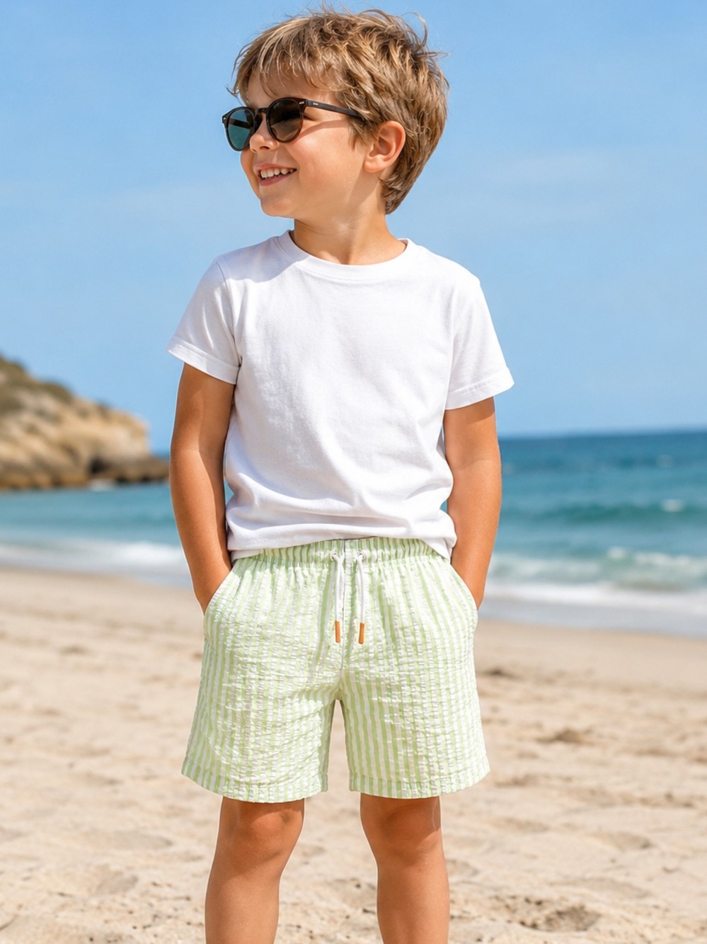 Cat & Jack Light Green and White Striped Boys Swim Trunks
